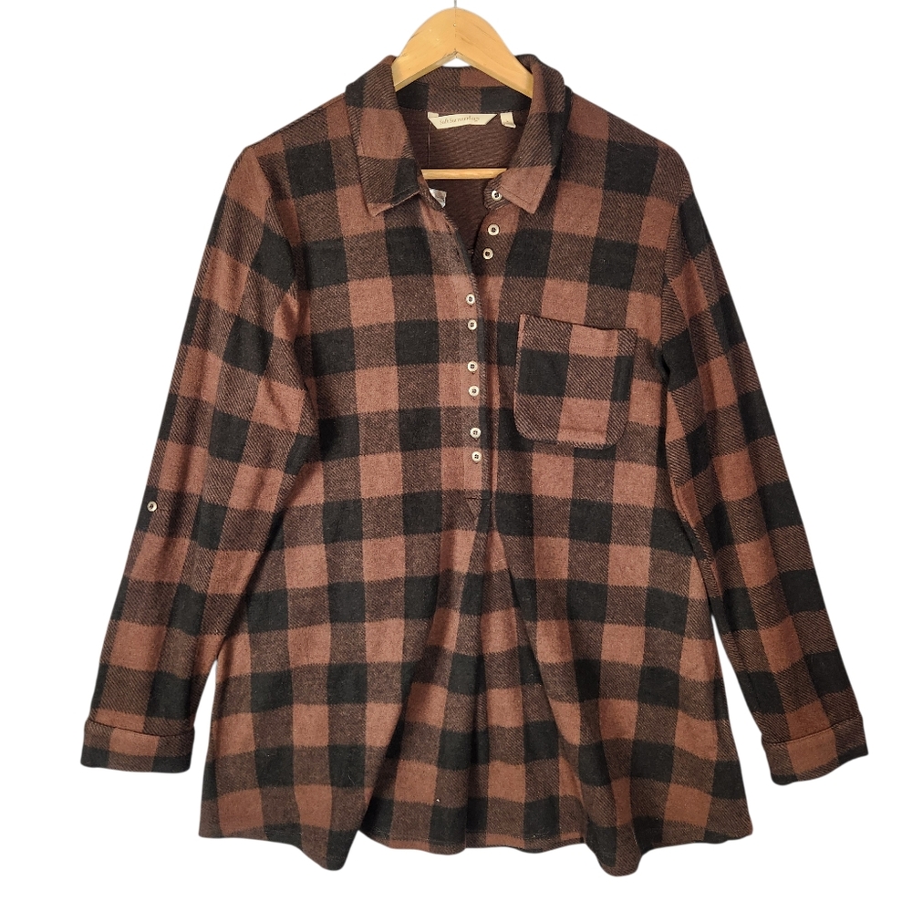 New Soft Surroundings Mad About Plaid Tunic Hickory Buffalo Check Large Fleece